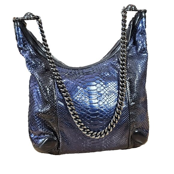 GUCCI Authentic Rare Exotic Python Leather Tote Hobo Large Metallic Blue Handbag - Picture 1 of 16